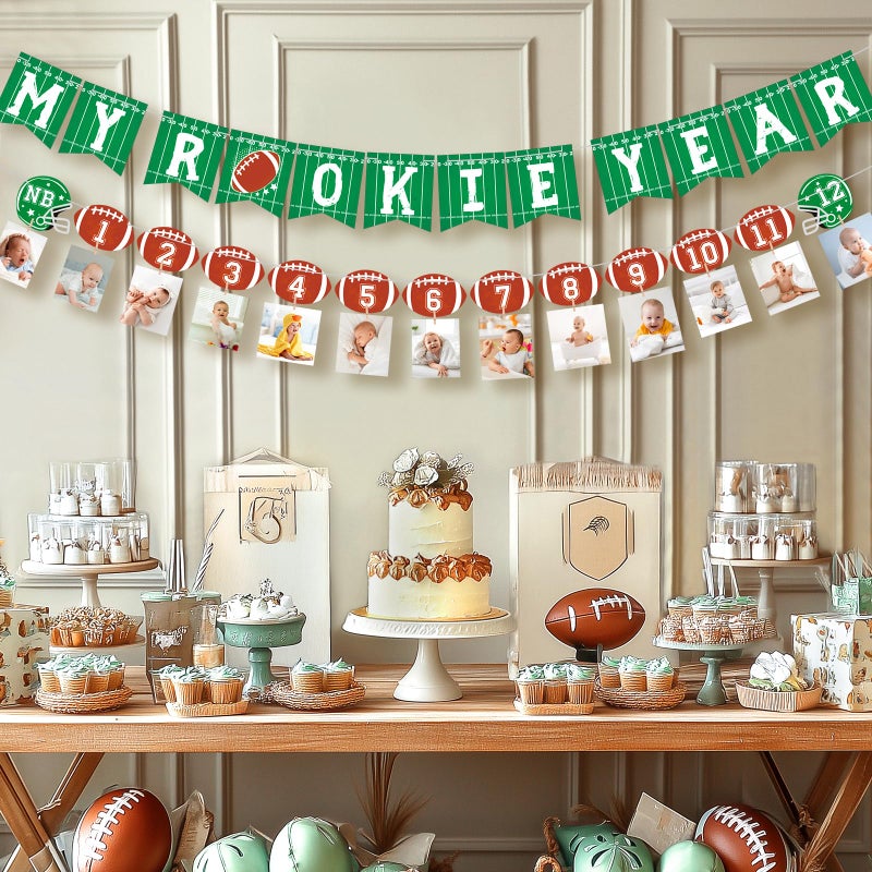 Faisichocalato Football 1st Birthday Banner for Party Decorations, Football Theme Monthly Milestone Photo Banner, My Rookie Year First Birthday Celebration Super Bowl Party Supplies - Image 5